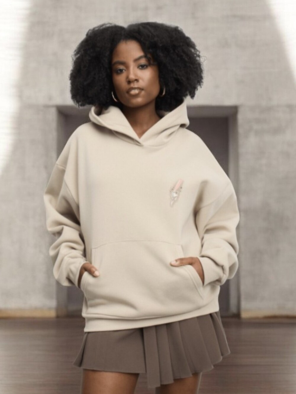 #K134 Oversized Cream Hoodie with Front Pocket